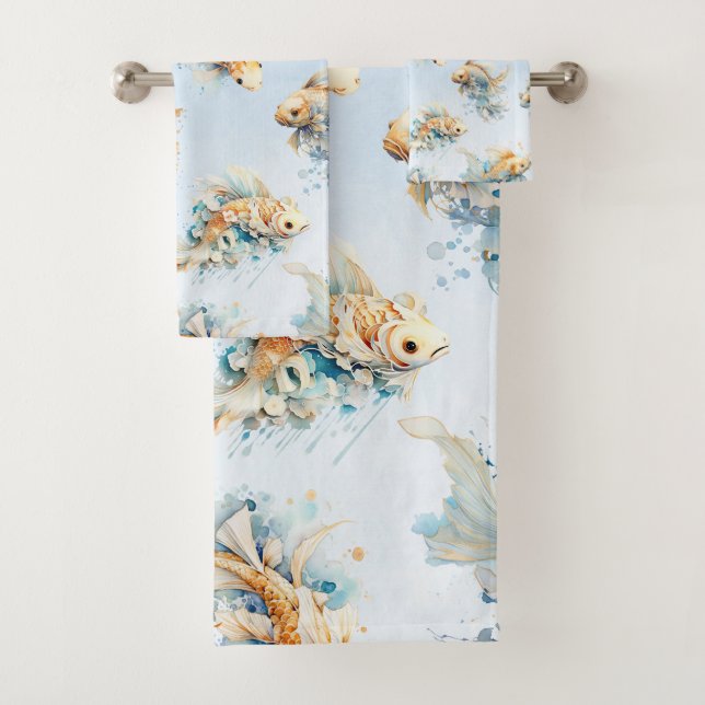 Conjunto De Toalhas Azul, Dourado, Branco, Peixe-Koi Floral (Insitu)