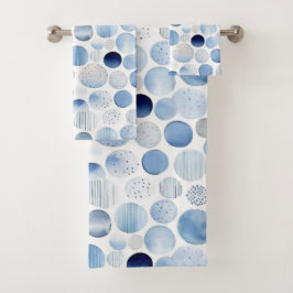 Conjunto De Toalhas Azul e Branco Círculos Abstratos em Aquarela Moder