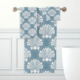 Conjunto De Toalhas Azul e Branco Concha Marinha
