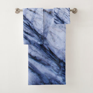 Conjunto De Toalhas Azul e Branco Mármore Remoinho Moderno Chic