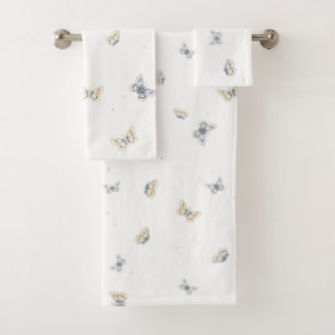 Conjunto De Toalhas Azul e Crème Borboletas Cultivando Jardim Fauna T
