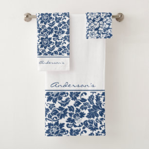 Conjunto De Toalhas Azul E Damasco Branco