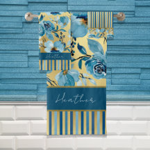 Azul Elegante e Dourado Cores de Água Florres Stri