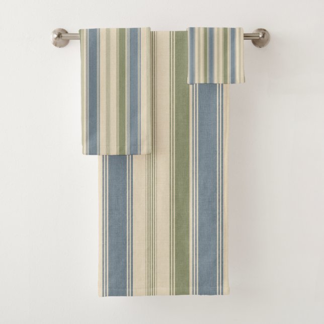 Conjunto De Toalhas Azul Empoeirado e Listras Multilargura em Verde Sa (Insitu)