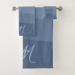 Conjunto De Toalhas Azul Empoeirado Geométrico Monogramado