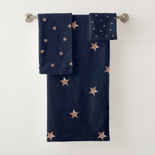 Conjunto De Toalhas Azul Escuro e Rosa Dourado Estrelas Brilhantes