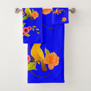 Conjunto De Toalhas Azul Escuro - Pássaro e Rosa Amarelo