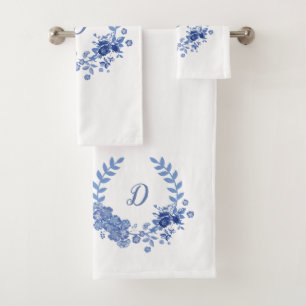 Conjunto De Toalhas Azul floral elegante do chique do monograma