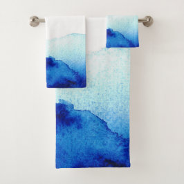 Conjunto De Toalhas Azul Indigo com Aquarela Eetérea
