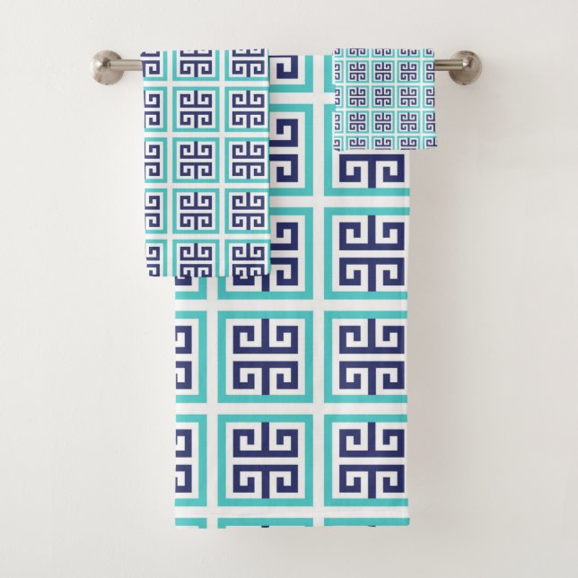 Conjunto De Toalhas Azul Marinho Aqua Padrão Grego (Insitu)