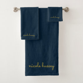 Conjunto De Toalhas Azul Marinho Dourado Script  | Monograma Moderno E