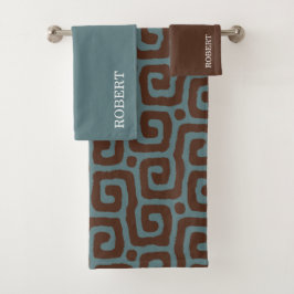 Conjunto De Toalhas Azul Marinho & Marrom Padrão Abstrato Monograma no