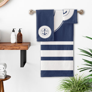 Conjunto De Toalhas Azul Marinho Náutico Listras Brancas Âncora Monogr