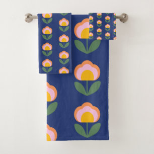 Conjunto De Toalhas Azul Marinho Retro Escandinavo Folclore Flor Banhe