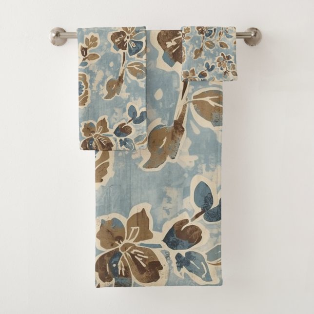 Conjunto De Toalhas Azul Marrom Bege Floral Rústico (Insitu)