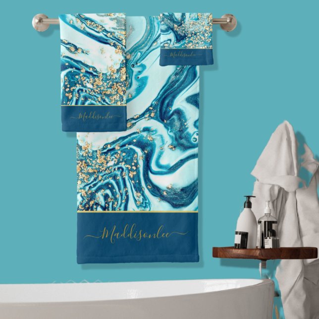 Conjunto De Toalhas Azul Moderno - Dourado Marble Ocean Monograma Name (Criador carregado)