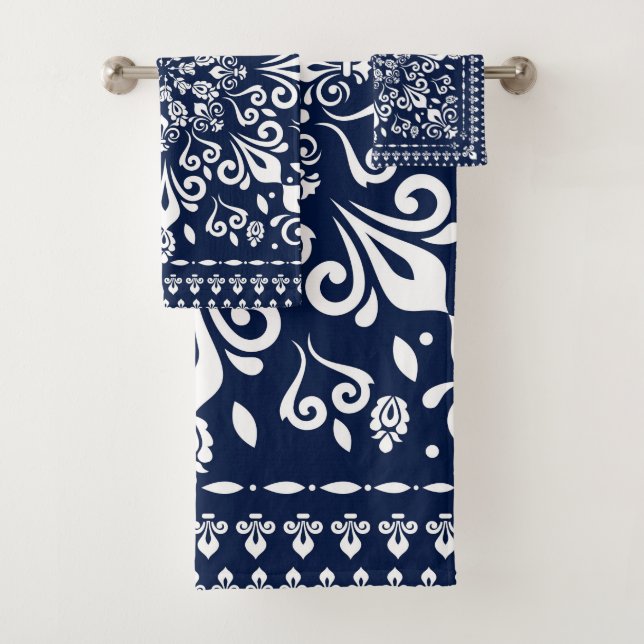 Conjunto De Toalhas Azul oriental e branco do damasco (Insitu)