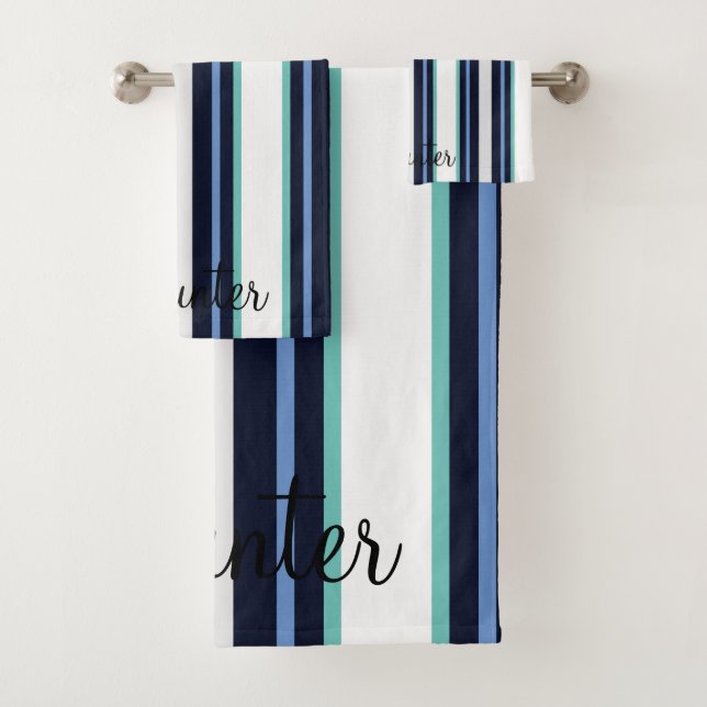 Conjunto De Toalhas Azul Personalizado E Moderno Cursivo Família Teal (Insitu)