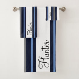 Conjunto De Toalhas Azul Personalizado Moderno Cursivo Listrado