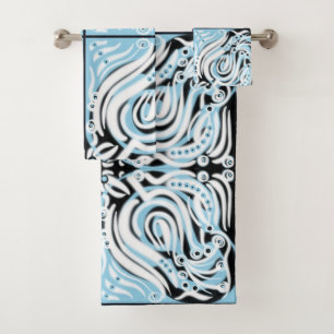 Conjunto De Toalhas Azul Preto Branco Padrão Abstrato Curly