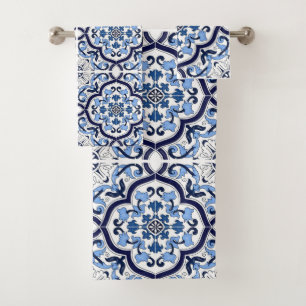 Conjunto De Toalhas Azul Profundo Floral Branco Mosaico de Majólica Si