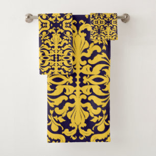 Conjunto De Toalhas Azul Real e Damasco Dourado
