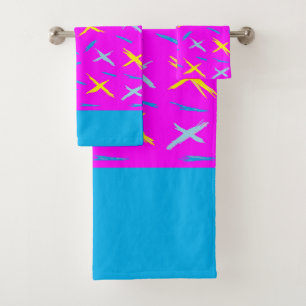 Conjunto De Toalhas Azul-rosa com cruzes em amarelo e azul-claro