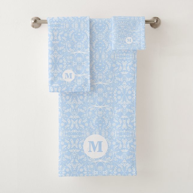 Conjunto De Toalhas Azul Suave e Branco Botânico Monogramado (Insitu)