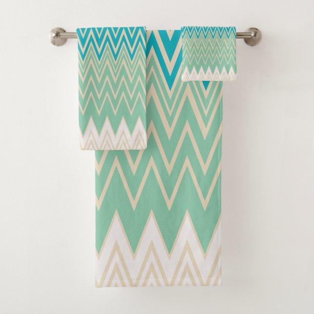 Conjunto De Toalhas Azul Teal, Turquesa e Zigzags Verdes (Insitu)