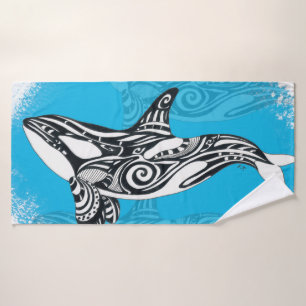 Conjunto De Toalhas Azul tribal da arte da baleia da orca