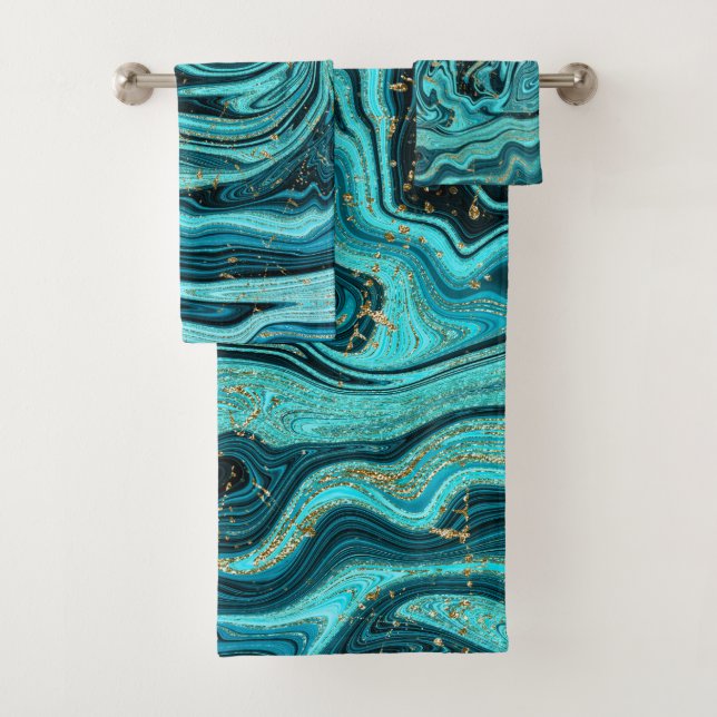 Conjunto De Toalhas Azul Turquesa & Dourado Chic Suave Moderno Abstrat (Insitu)