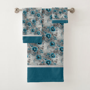 Conjunto De Toalhas Azul Turquesa Floral Suave e Elegante