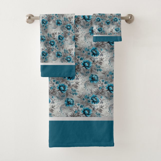Conjunto De Toalhas Azul Turquesa Floral Suave e Elegante  (Insitu)