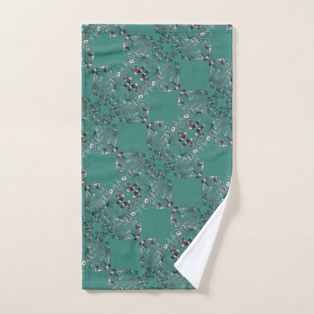 Conjunto De Toalhas Azul Verde Moteado "Obrigado"  (Toalha de mão)