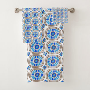 Conjunto De Toalhas Azulejo azul-margarida retrô redondo branco