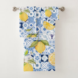 Conjunto De Toalhas Azulejo Azul Mediterrâneo e Limão 