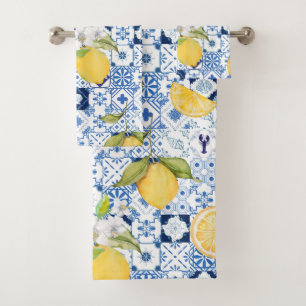 Conjunto De Toalhas Azulejo Azul Mediterrâneo e Limão