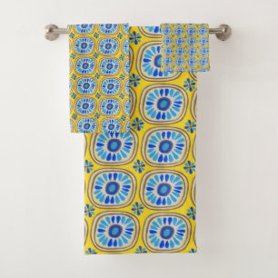 Conjunto De Toalhas Azulejo de margarida redonda retrô azul amarelo