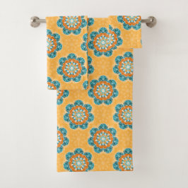 Conjunto De Toalhas Azulejo Floral Mandala em Laranja e Teal