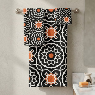 Conjunto De Toalhas Azulejo Geométrico Marroquino Preto Branco Laranja