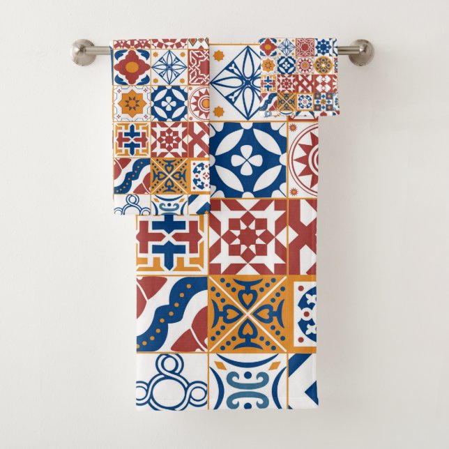 Conjunto De Toalhas Azulejo marroquino - azul e bordo (Insitu)
