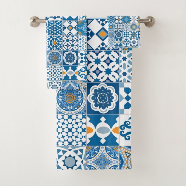 Conjunto De Toalhas Azulejo marroquino - azul e laranja (Insitu)