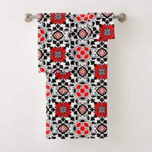 Conjunto De Toalhas Azulejo marroquino floral, vermelho escuro, preto