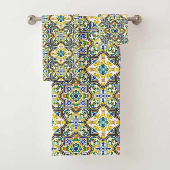 Conjunto De Toalhas 💛 💙 💚 Azulejos azuis e amarelos impressionantes (Insitu)