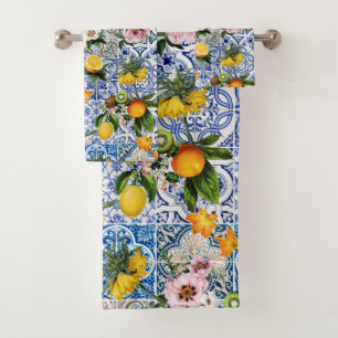 Conjunto De Toalhas Azulejos Azuis Floral Mediterrâneo 