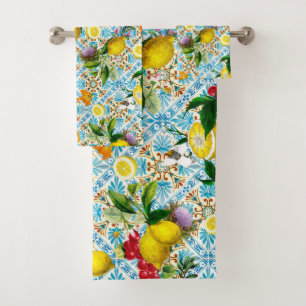 Conjunto De Toalhas Azulejos Azuis Floral Mediterrâneo