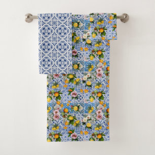 Conjunto De Toalhas Azulejos brancos, azuis, italianos Amalfi