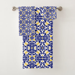 Conjunto De Toalhas Azulejos mediterrânicos Padrão Azul e Amarelo