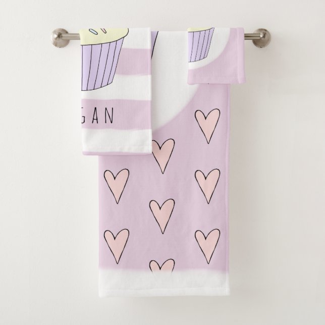 Conjunto De Toalhas Baby Girl Pink Doodle Cupcake Heart Name (Insitu)