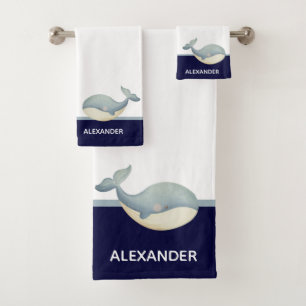 Conjunto De Toalhas Baleia Branca Marinho Azul Cinza Costeira Náutica